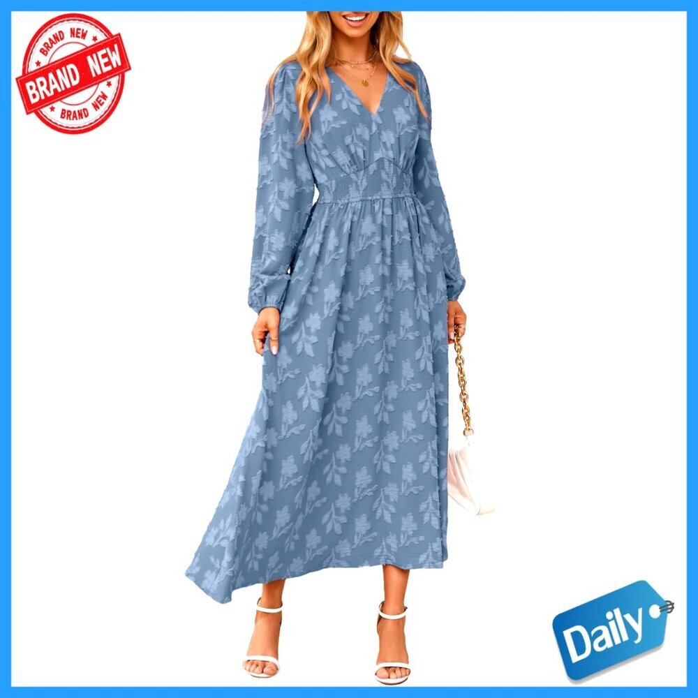 Long Sleeve Maxi Dress V Neck Empire Waist Floral Boho Wedding Guest - Picture 1 of 6